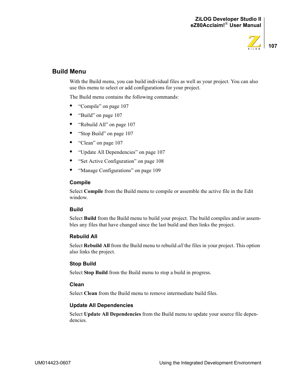 Build menu | Zilog EZ80F916 User Manual | Page 127 / 469