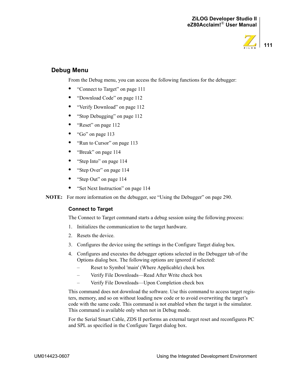 Debug menu | Zilog EZ80F916 User Manual | Page 131 / 469