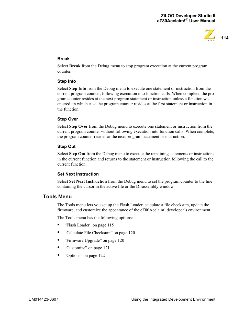 Tools menu | Zilog EZ80F916 User Manual | Page 134 / 469