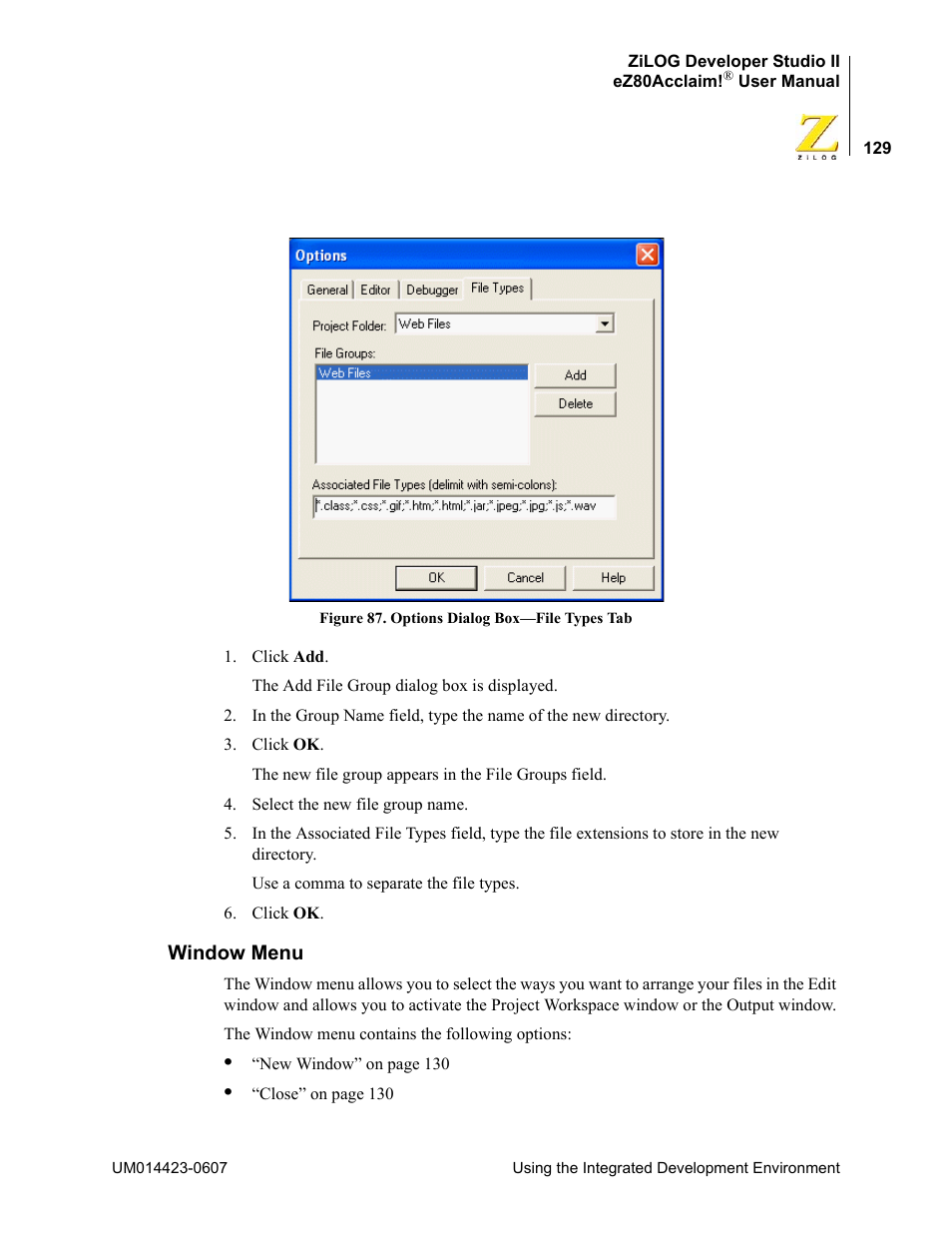 Window menu | Zilog EZ80F916 User Manual | Page 149 / 469
