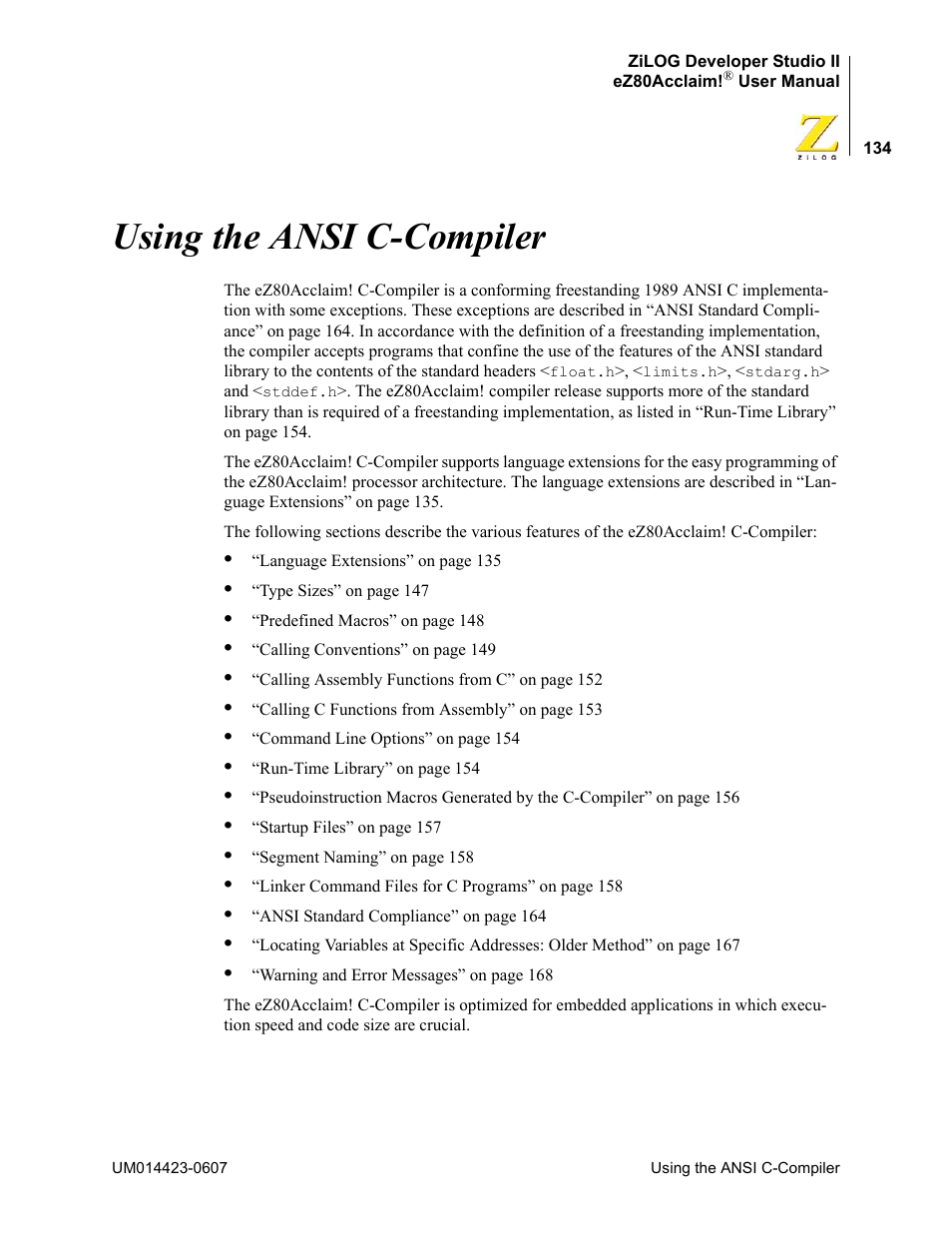 Using the ansi c-compiler | Zilog EZ80F916 User Manual | Page 154 / 469