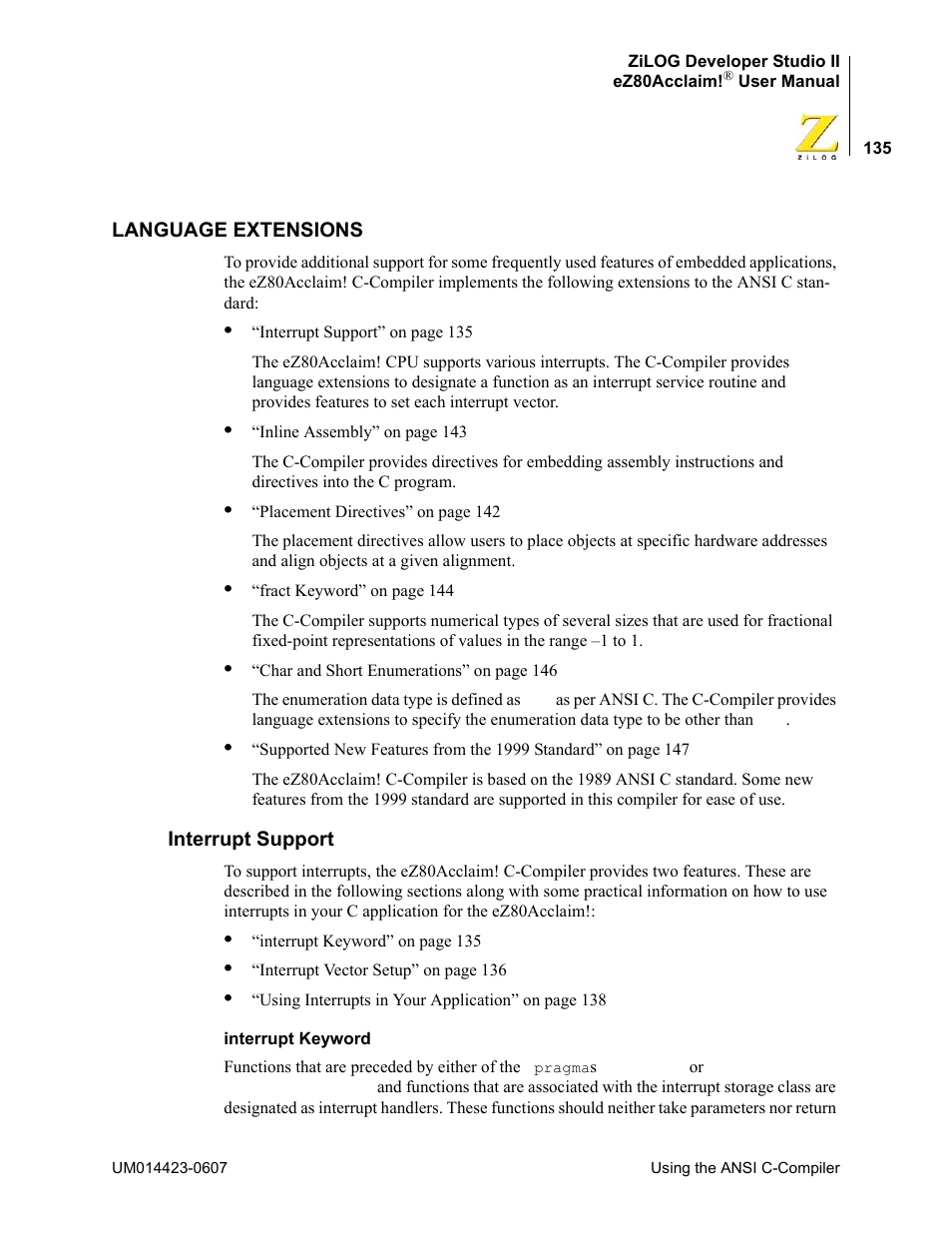 Language extensions, Interrupt support | Zilog EZ80F916 User Manual | Page 155 / 469