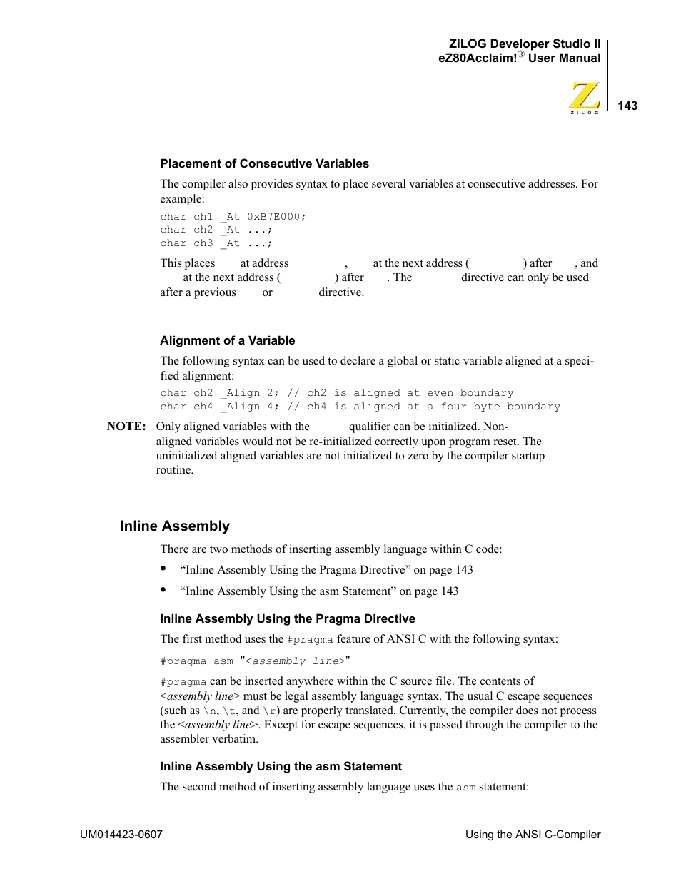 Inline assembly | Zilog EZ80F916 User Manual | Page 163 / 469