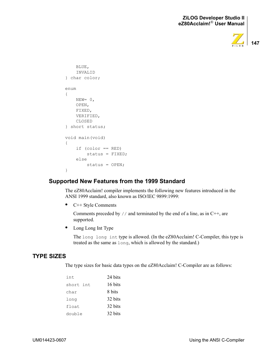 Supported new features from the 1999 standard, Type sizes | Zilog EZ80F916 User Manual | Page 167 / 469