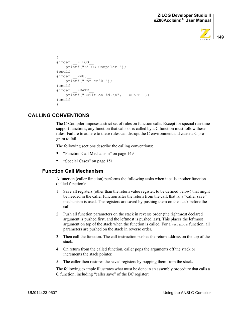 Calling conventions, Function call mechanism | Zilog EZ80F916 User Manual | Page 169 / 469