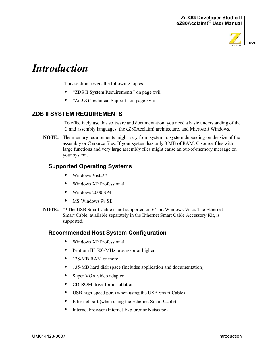 Introduction, Zds ii system requirements, Supported operating systems | Recommended host system configuration | Zilog EZ80F916 User Manual | Page 17 / 469