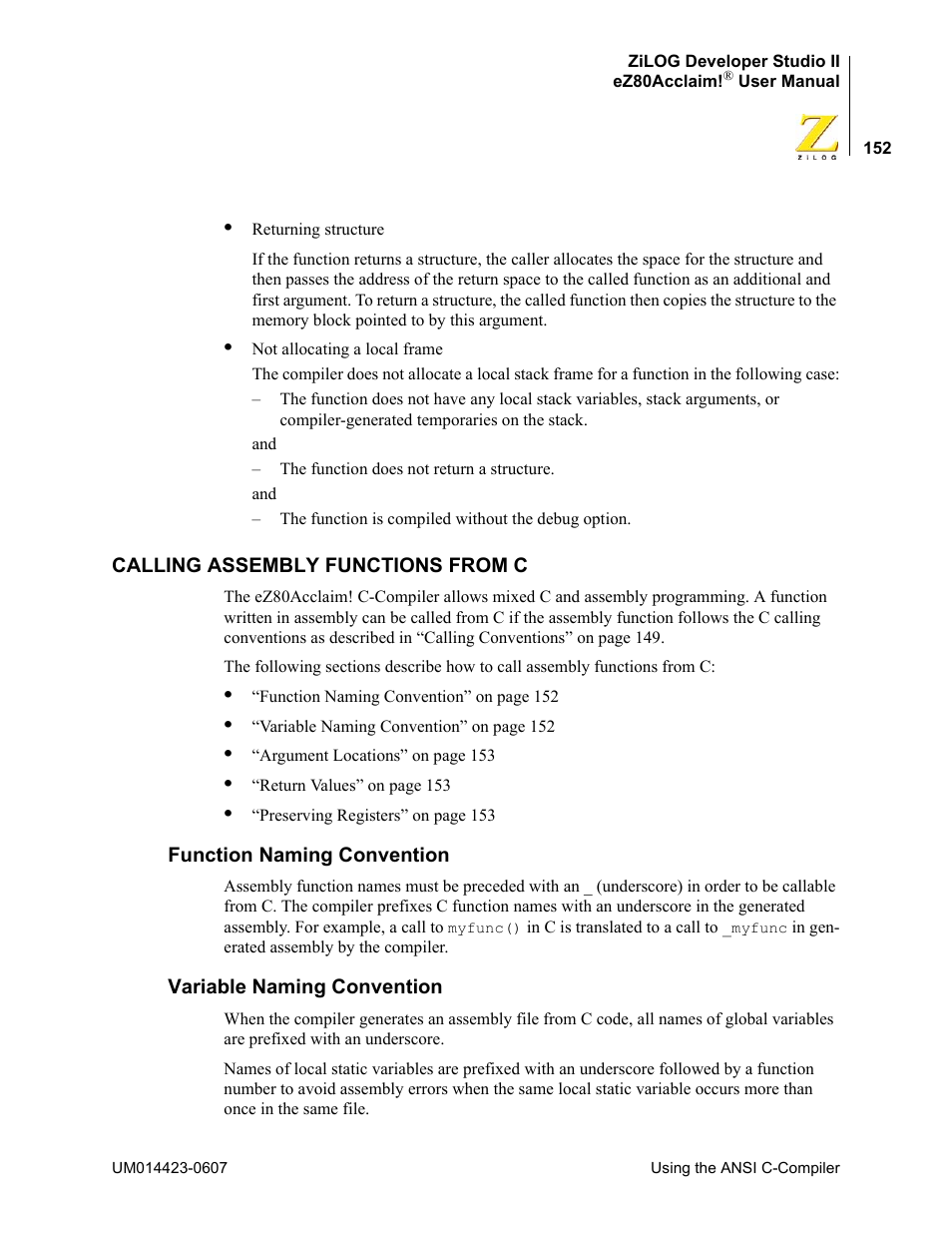 Calling assembly functions from c, Function naming convention, Variable naming convention | Zilog EZ80F916 User Manual | Page 172 / 469