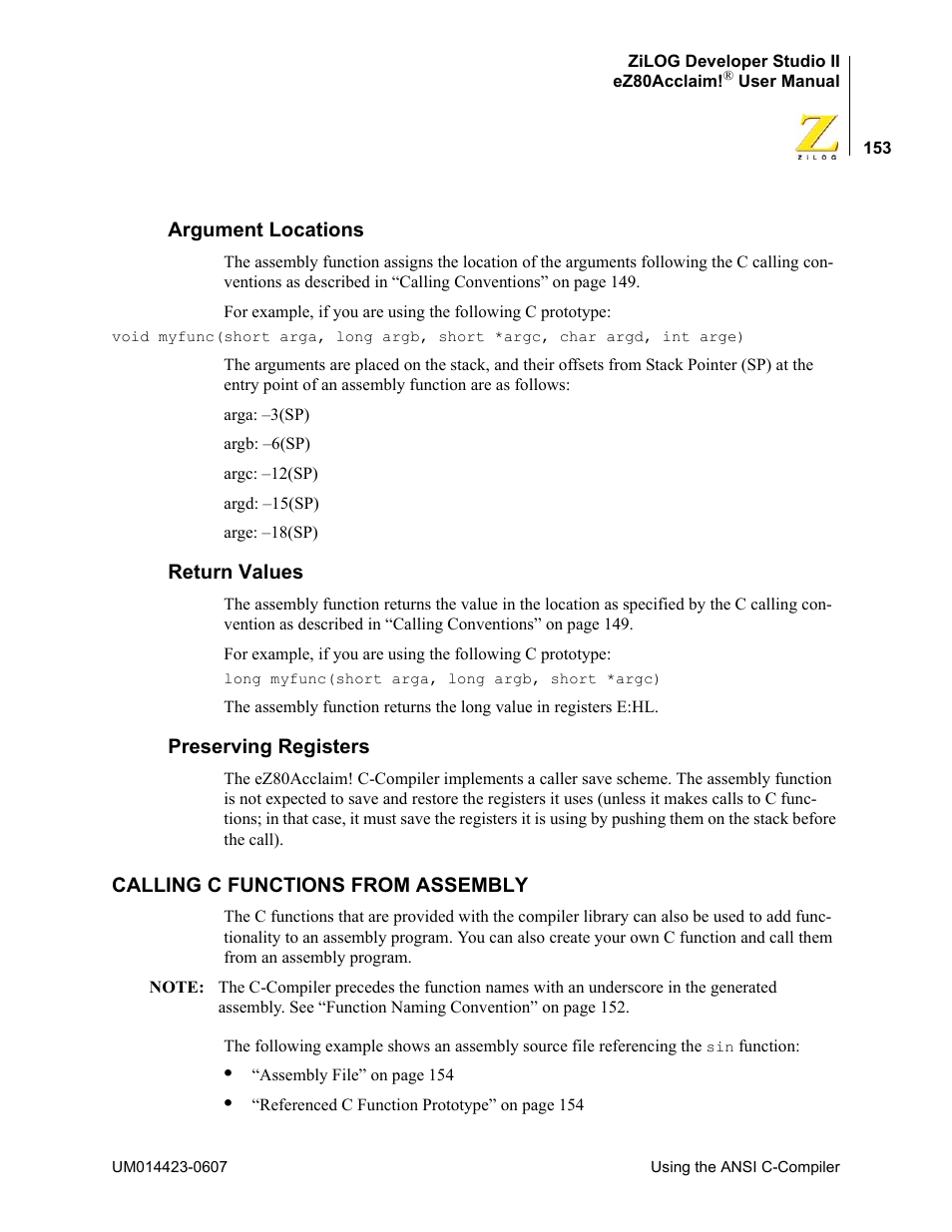 Argument locations, Return values, Preserving registers | Calling c functions from assembly | Zilog EZ80F916 User Manual | Page 173 / 469