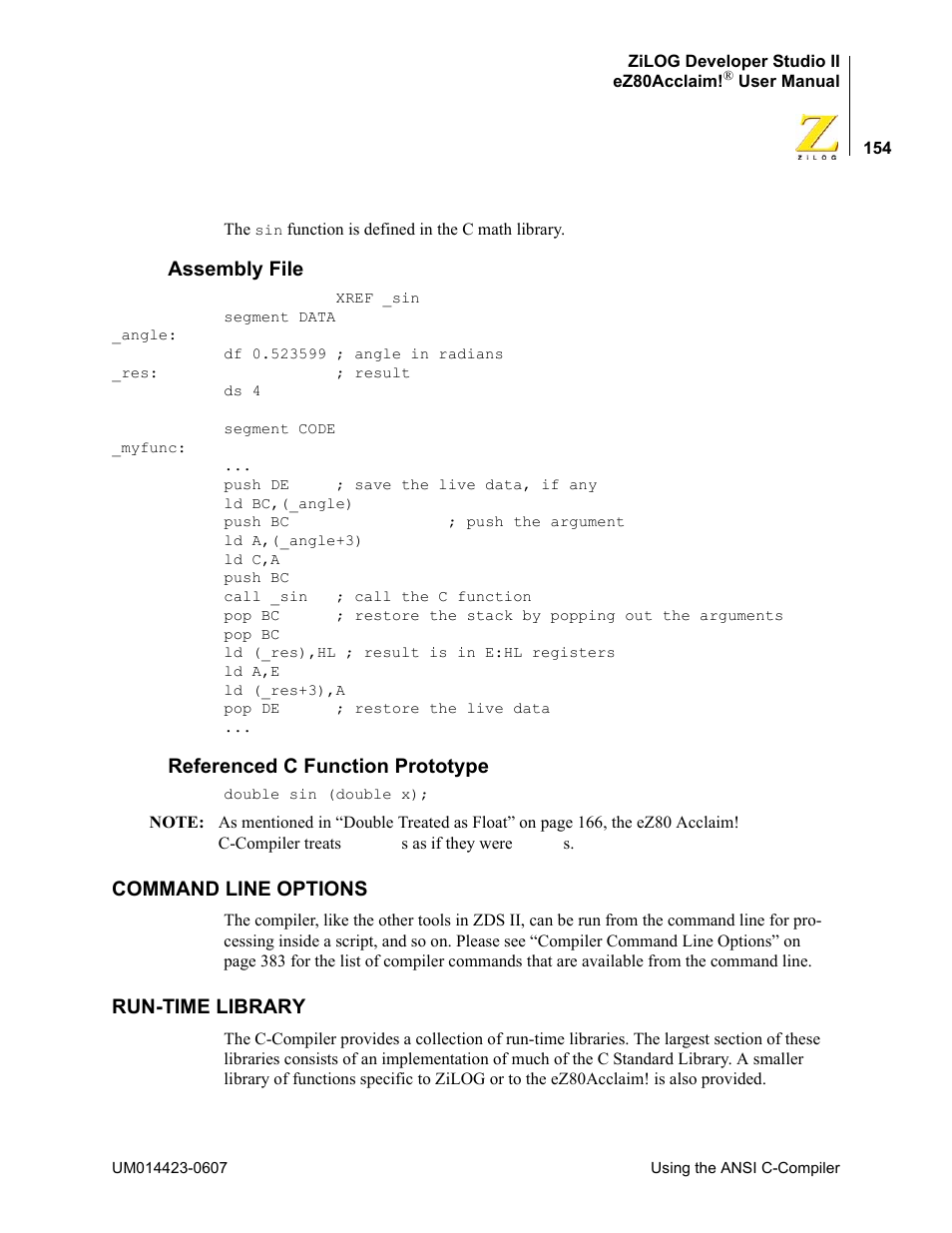 Assembly file, Referenced c function prototype, Command line options | Run-time library, Assembly file referenced c function prototype, Command line options run-time library | Zilog EZ80F916 User Manual | Page 174 / 469