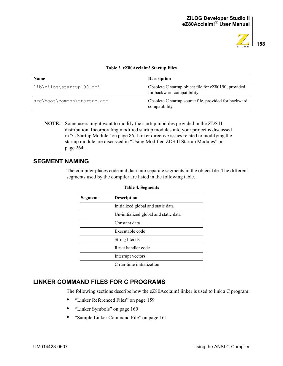 Segment naming, Linker command files for c programs | Zilog EZ80F916 User Manual | Page 178 / 469