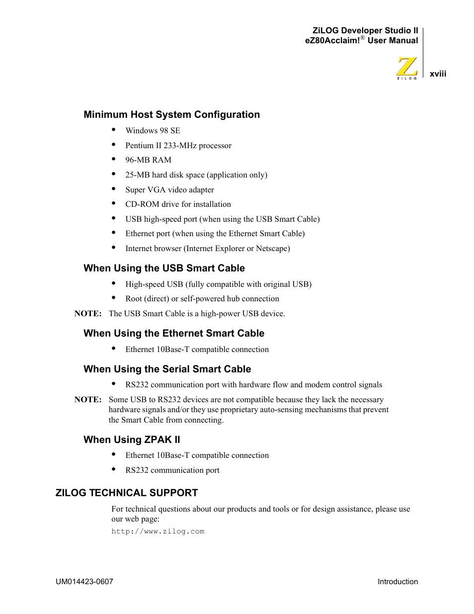 Minimum host system configuration, When using the usb smart cable, When using the ethernet smart cable | When using the serial smart cable, When using zpak ii, Zilog technical support | Zilog EZ80F916 User Manual | Page 18 / 469