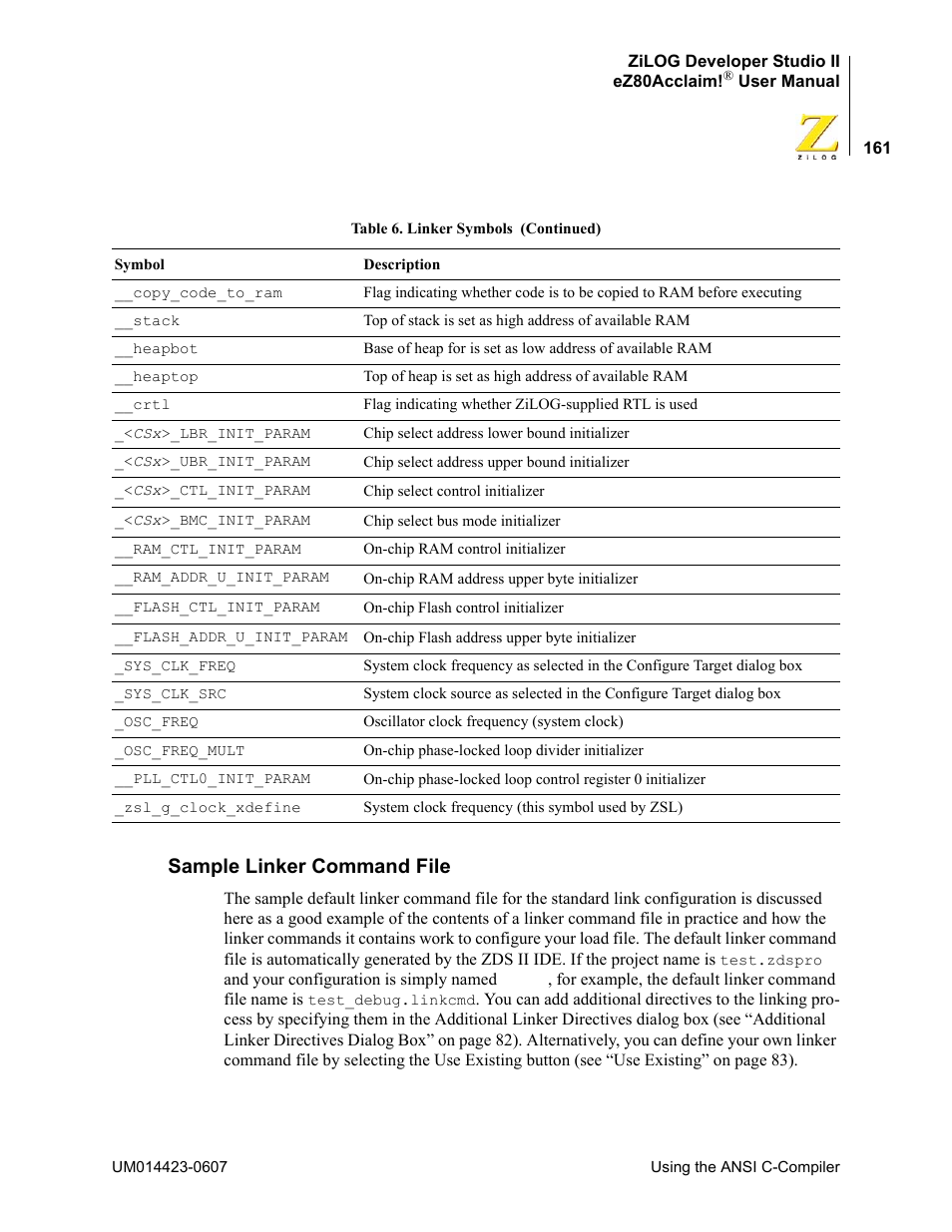 Sample linker command file | Zilog EZ80F916 User Manual | Page 181 / 469