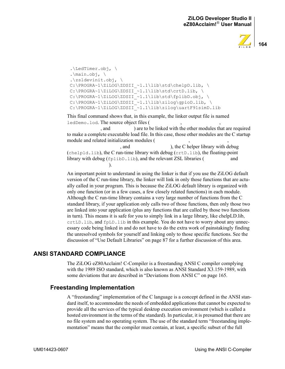 Ansi standard compliance, Freestanding implementation | Zilog EZ80F916 User Manual | Page 184 / 469