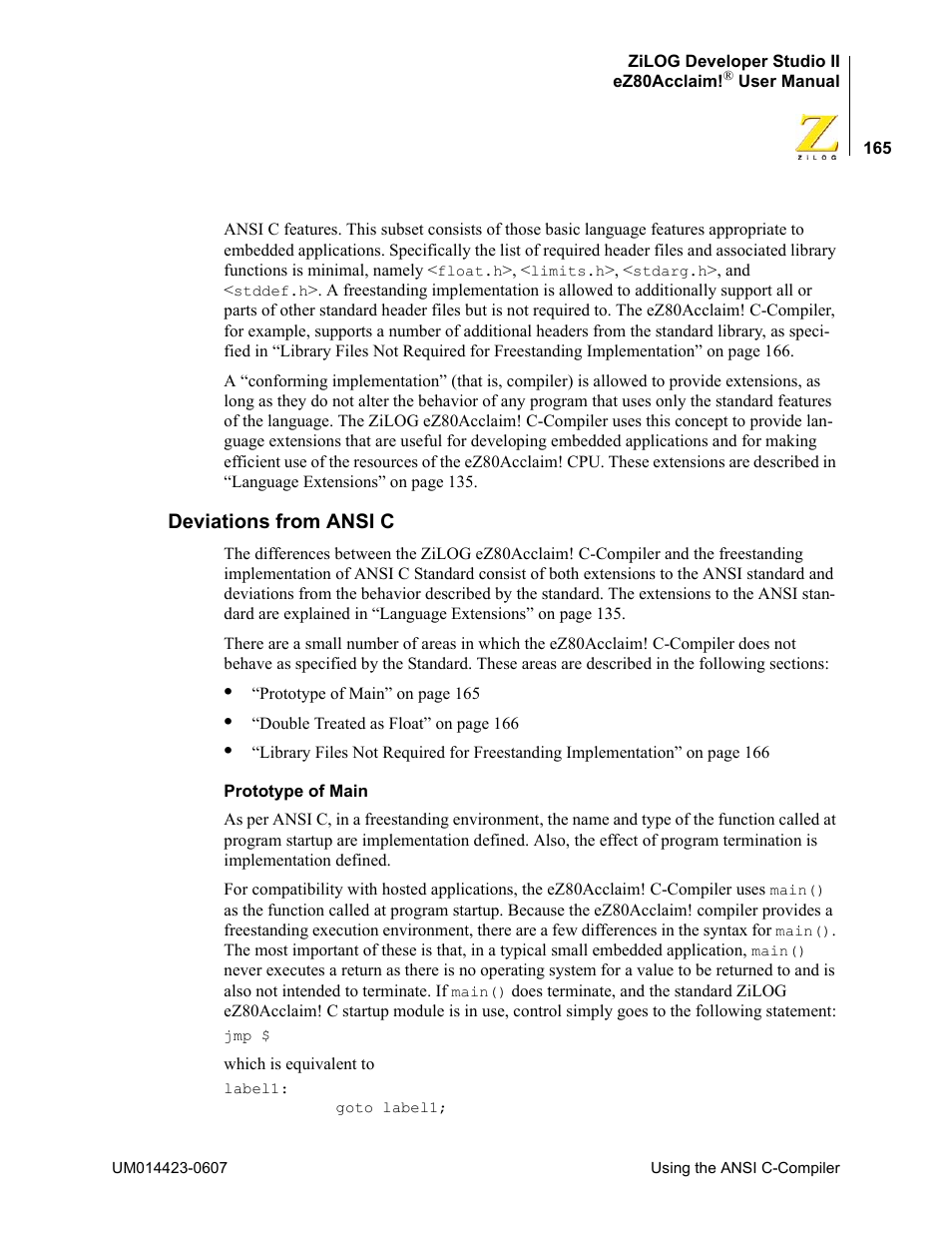 Deviations from ansi c | Zilog EZ80F916 User Manual | Page 185 / 469