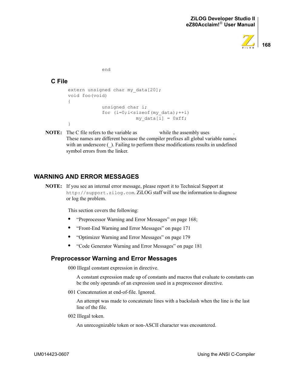 C file, Warning and error messages, Preprocessor warning and error messages | Zilog EZ80F916 User Manual | Page 188 / 469