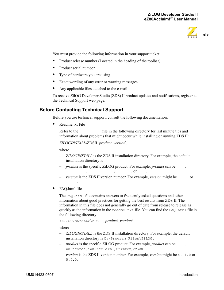 Before contacting technical support | Zilog EZ80F916 User Manual | Page 19 / 469