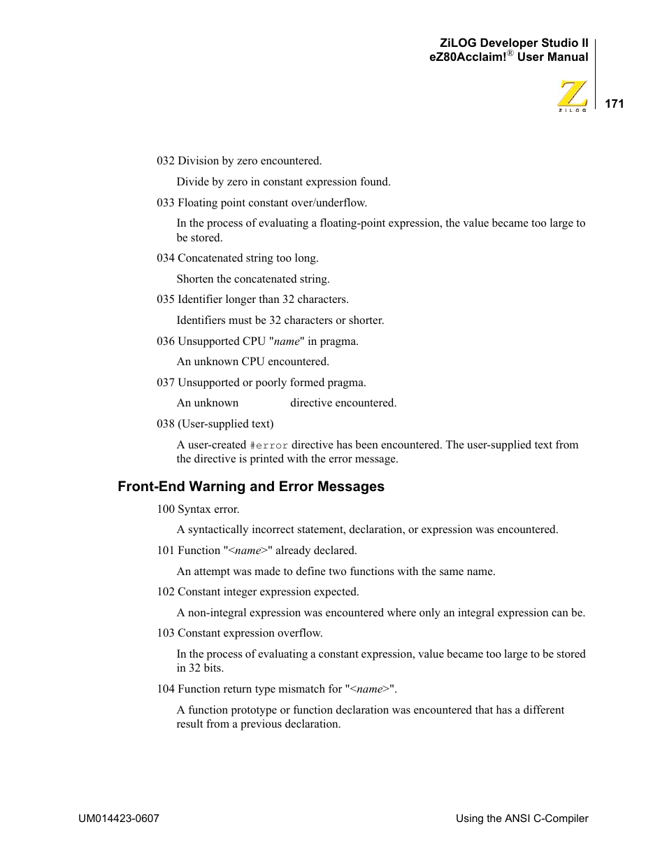 Front-end warning and error messages | Zilog EZ80F916 User Manual | Page 191 / 469