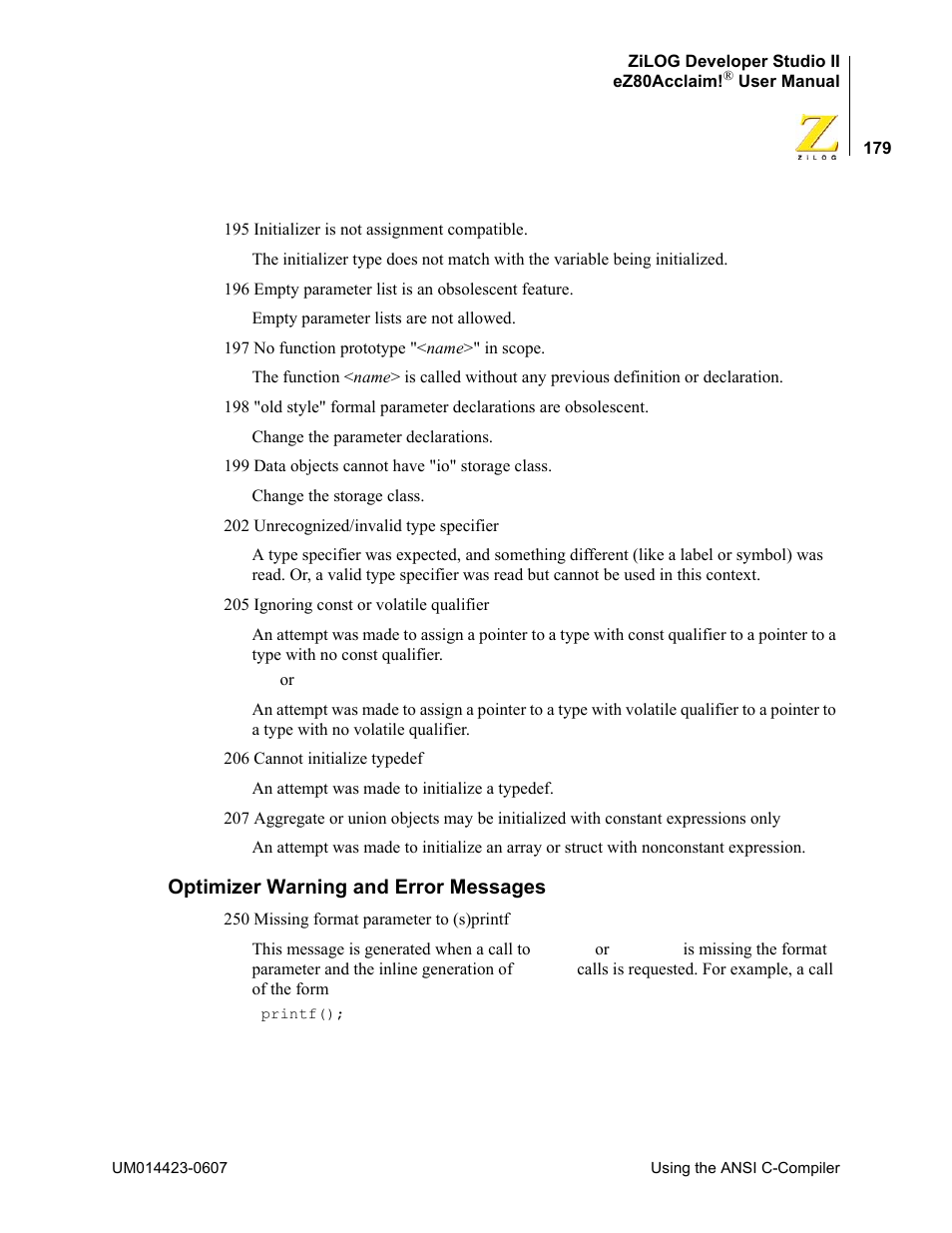 Optimizer warning and error messages | Zilog EZ80F916 User Manual | Page 199 / 469