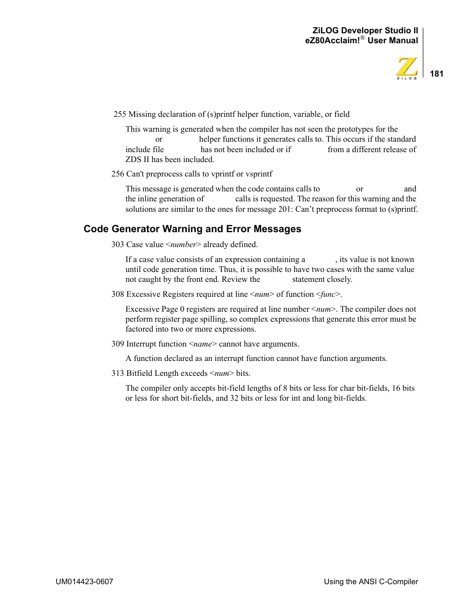 Code generator warning and error messages | Zilog EZ80F916 User Manual | Page 201 / 469