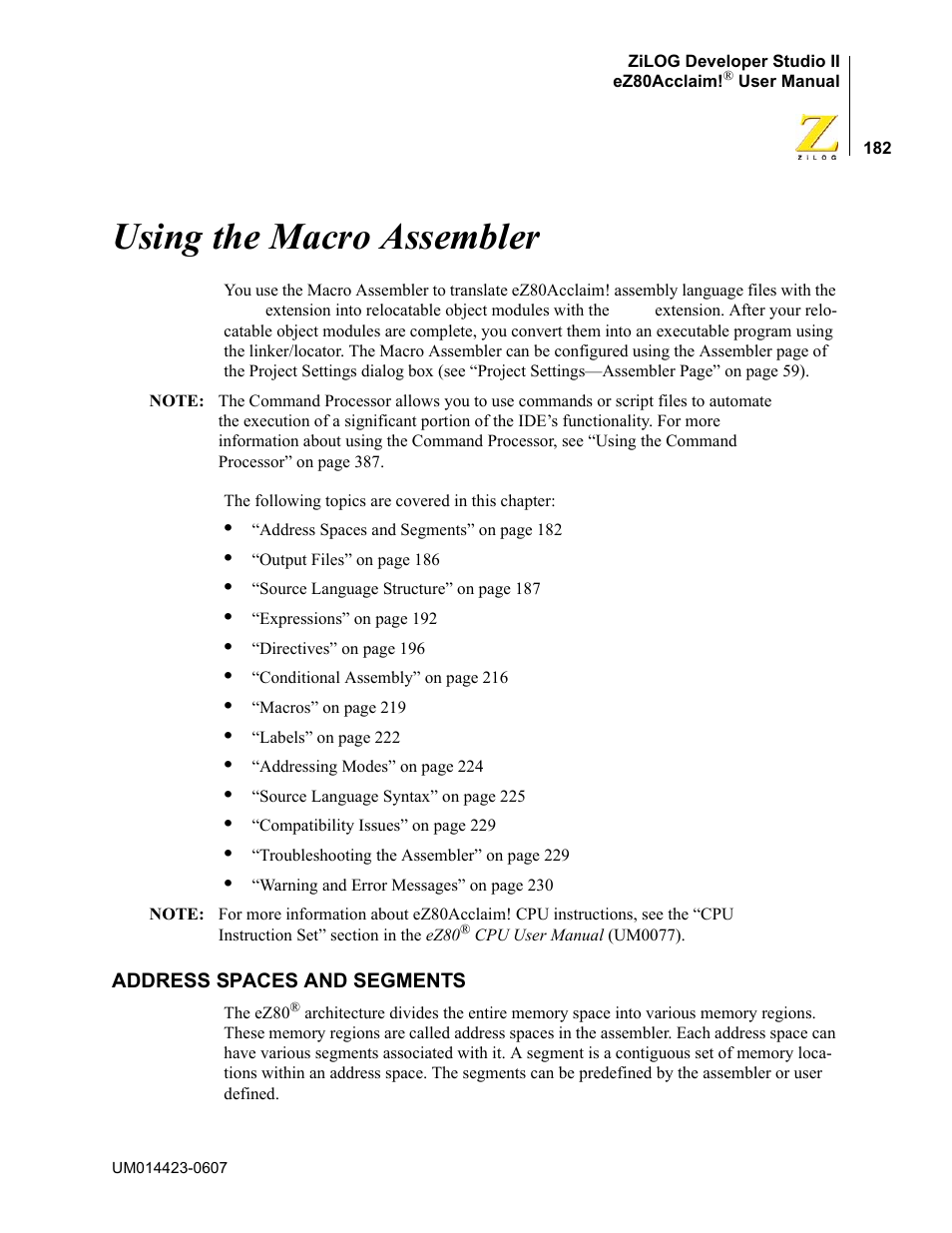 Using the macro assembler, Address spaces and segments | Zilog EZ80F916 User Manual | Page 202 / 469
