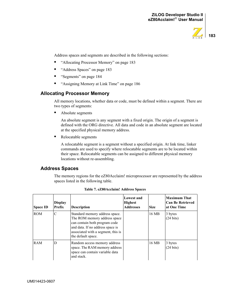Allocating processor memory, Address spaces, Allocating processor memory address spaces | Zilog EZ80F916 User Manual | Page 203 / 469