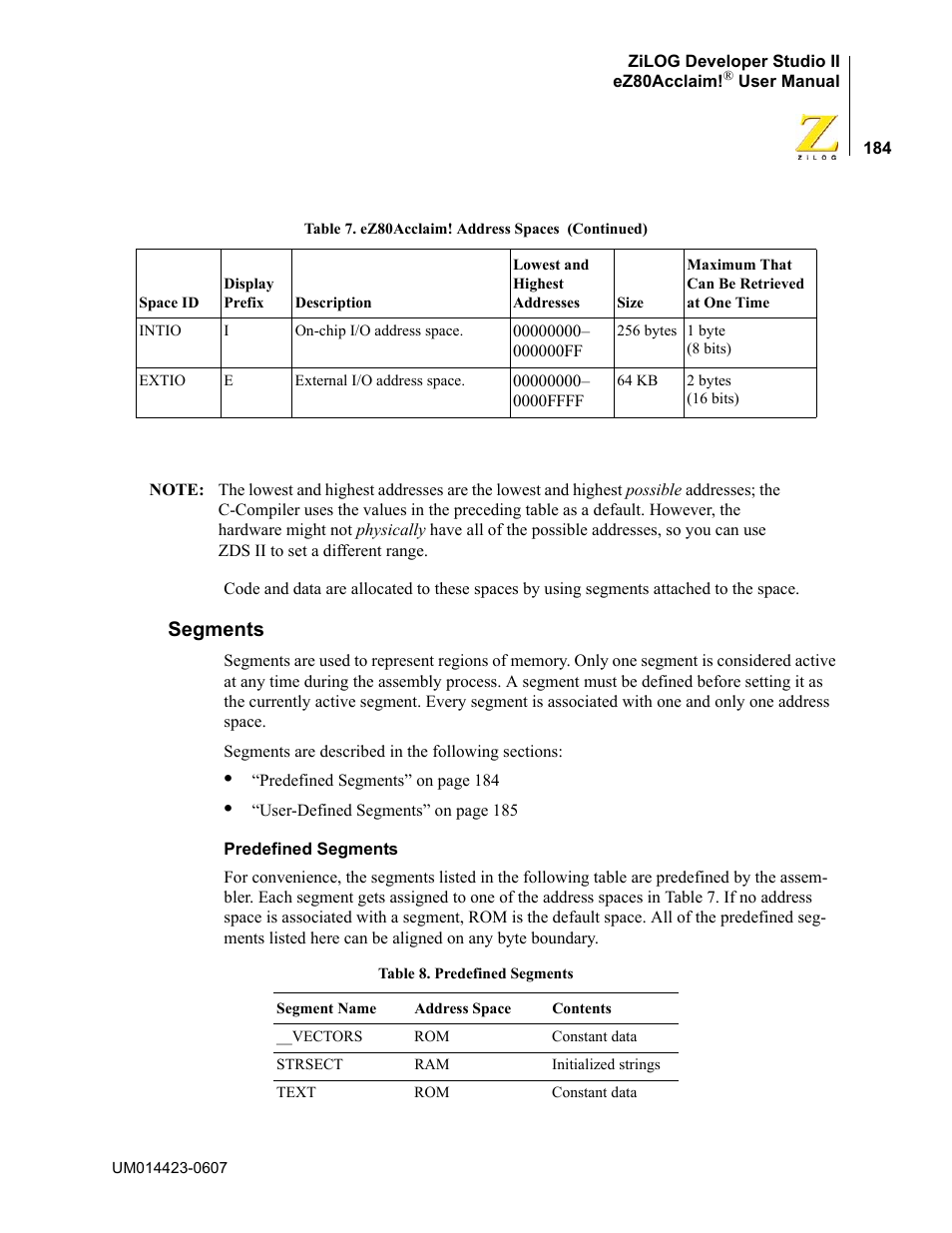 Segments | Zilog EZ80F916 User Manual | Page 204 / 469