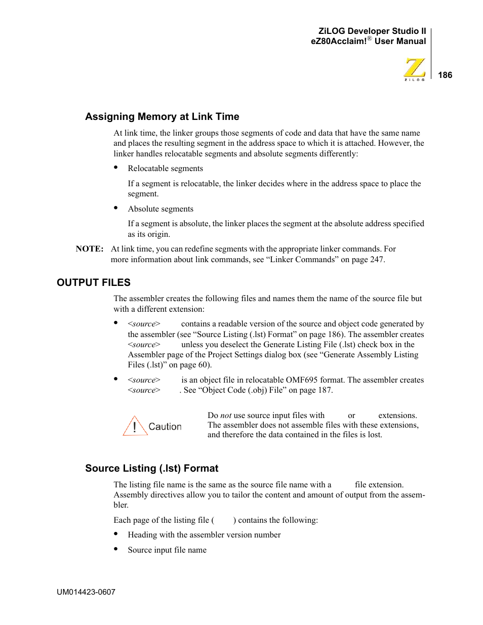 Assigning memory at link time, Output files, Source listing (.lst) format | Zilog EZ80F916 User Manual | Page 206 / 469