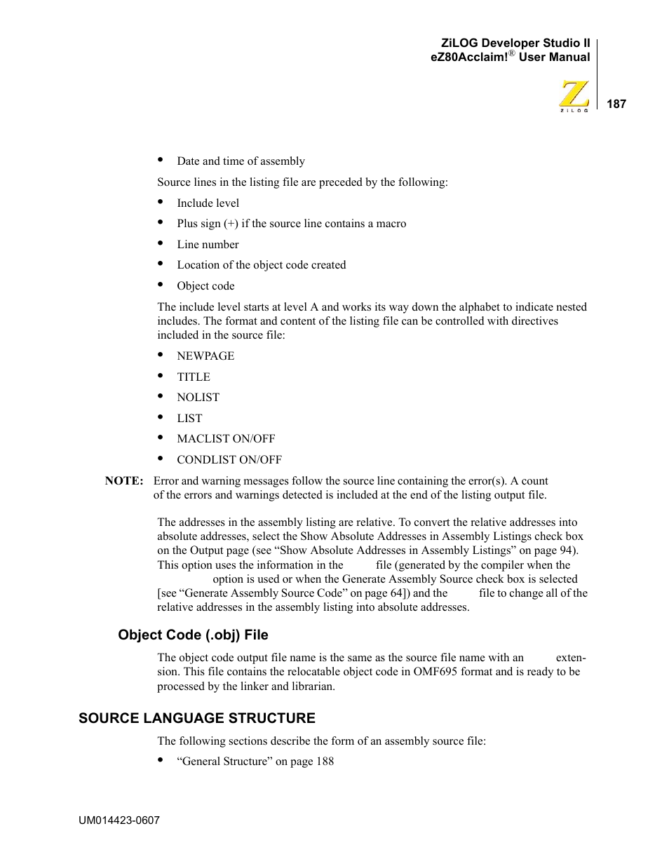 Object code (.obj) file, Source language structure | Zilog EZ80F916 User Manual | Page 207 / 469