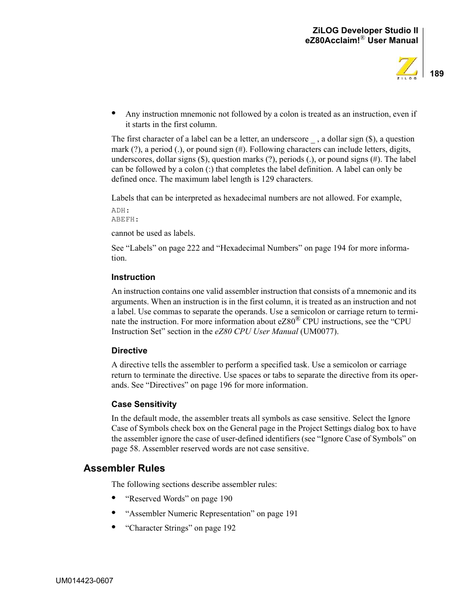 Assembler rules | Zilog EZ80F916 User Manual | Page 209 / 469