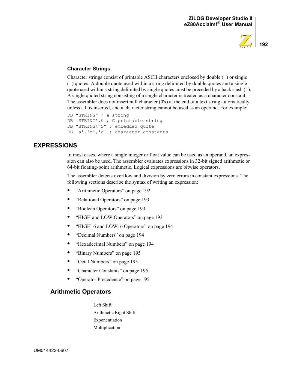 Expressions, Arithmetic operators | Zilog EZ80F916 User Manual | Page 212 / 469