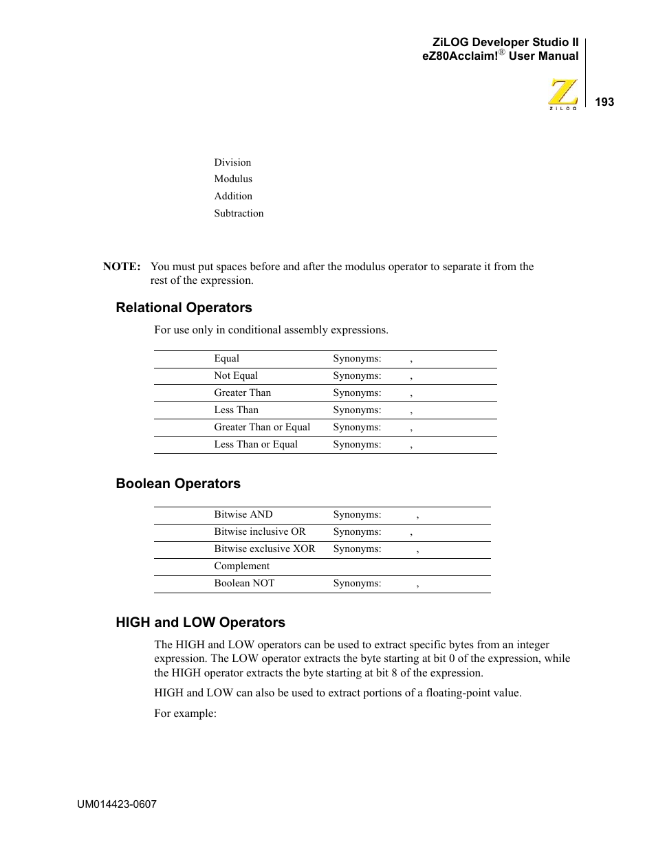 Relational operators, Boolean operators, High and low operators | Boolean operators high and low operators | Zilog EZ80F916 User Manual | Page 213 / 469