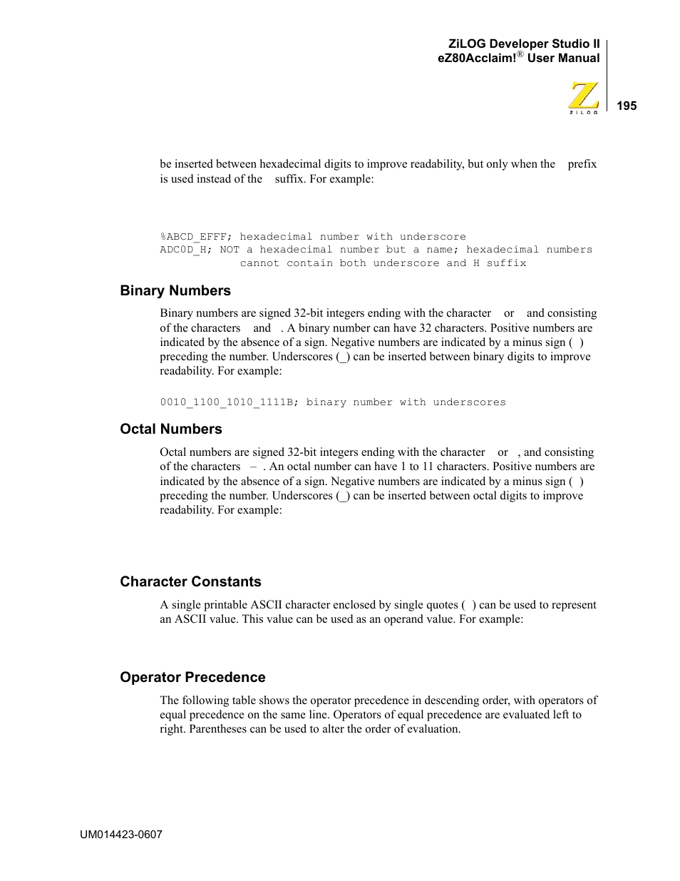 Binary numbers, Octal numbers, Character constants | Operator precedence | Zilog EZ80F916 User Manual | Page 215 / 469