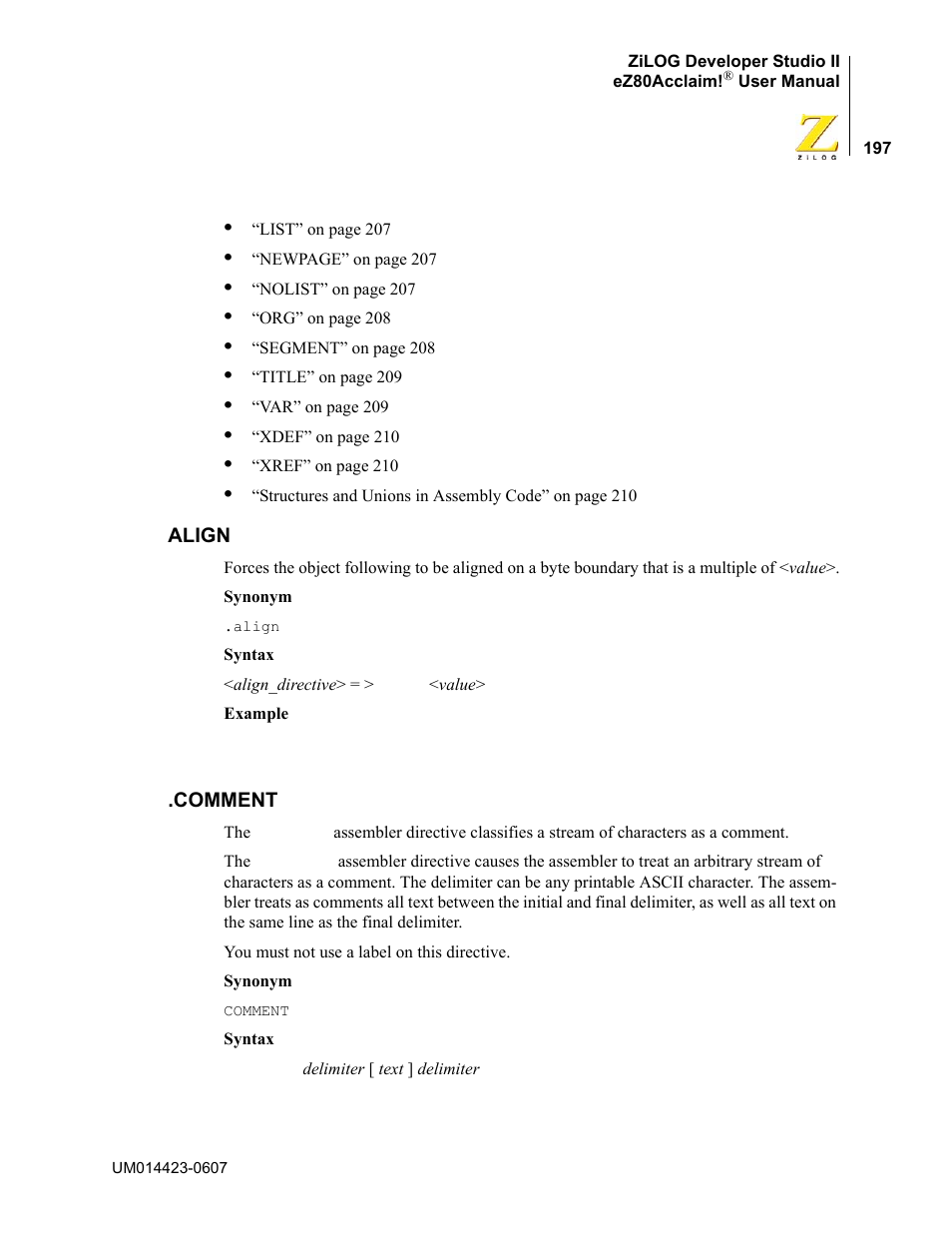 Align, Comment | Zilog EZ80F916 User Manual | Page 217 / 469
