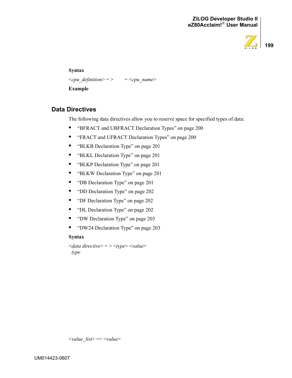 Data directives | Zilog EZ80F916 User Manual | Page 219 / 469