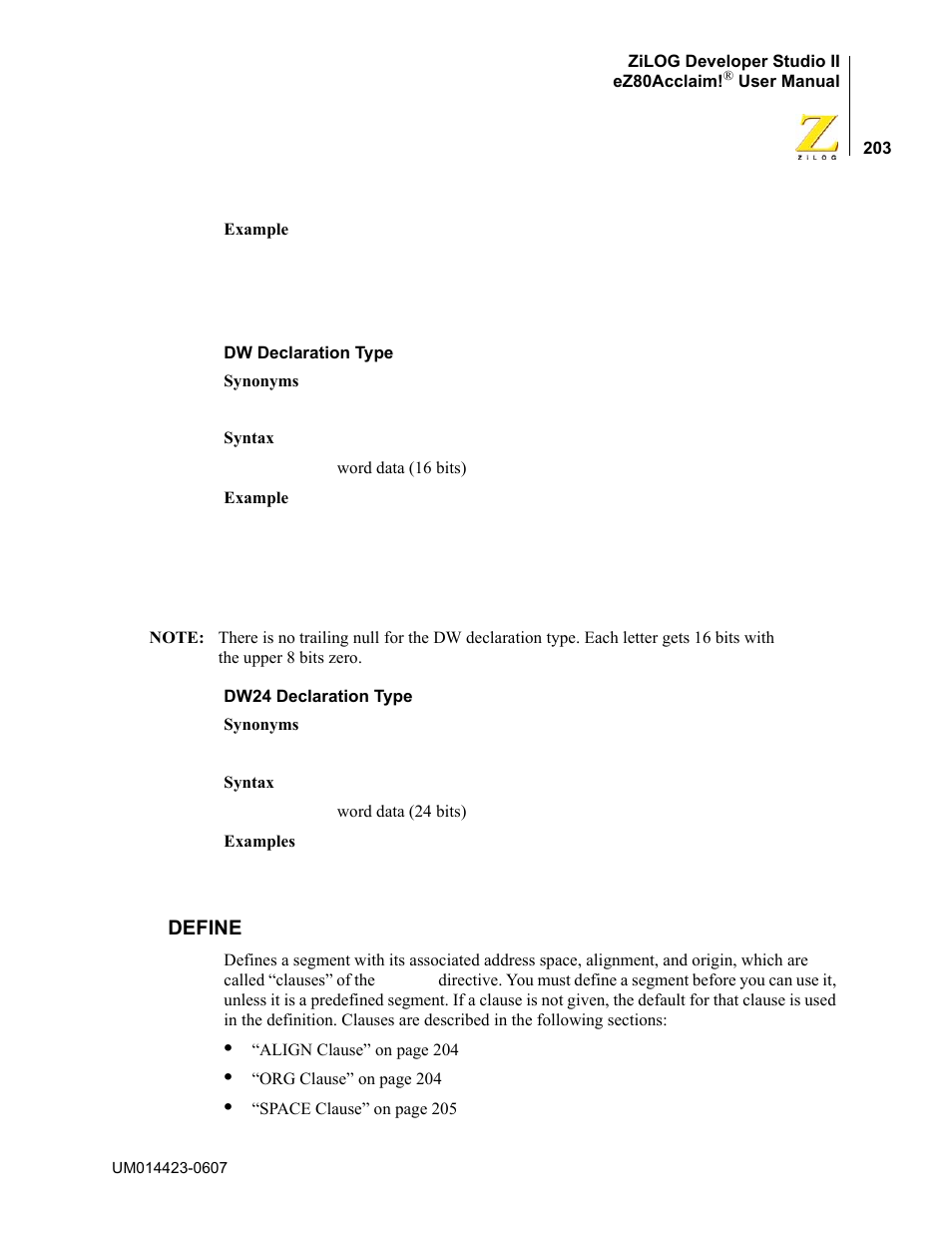 Define | Zilog EZ80F916 User Manual | Page 223 / 469