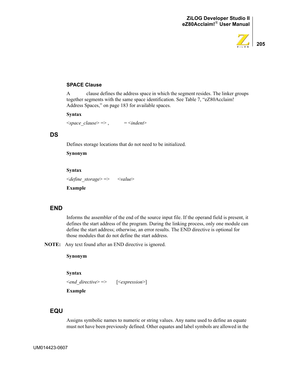 Ds end equ | Zilog EZ80F916 User Manual | Page 225 / 469