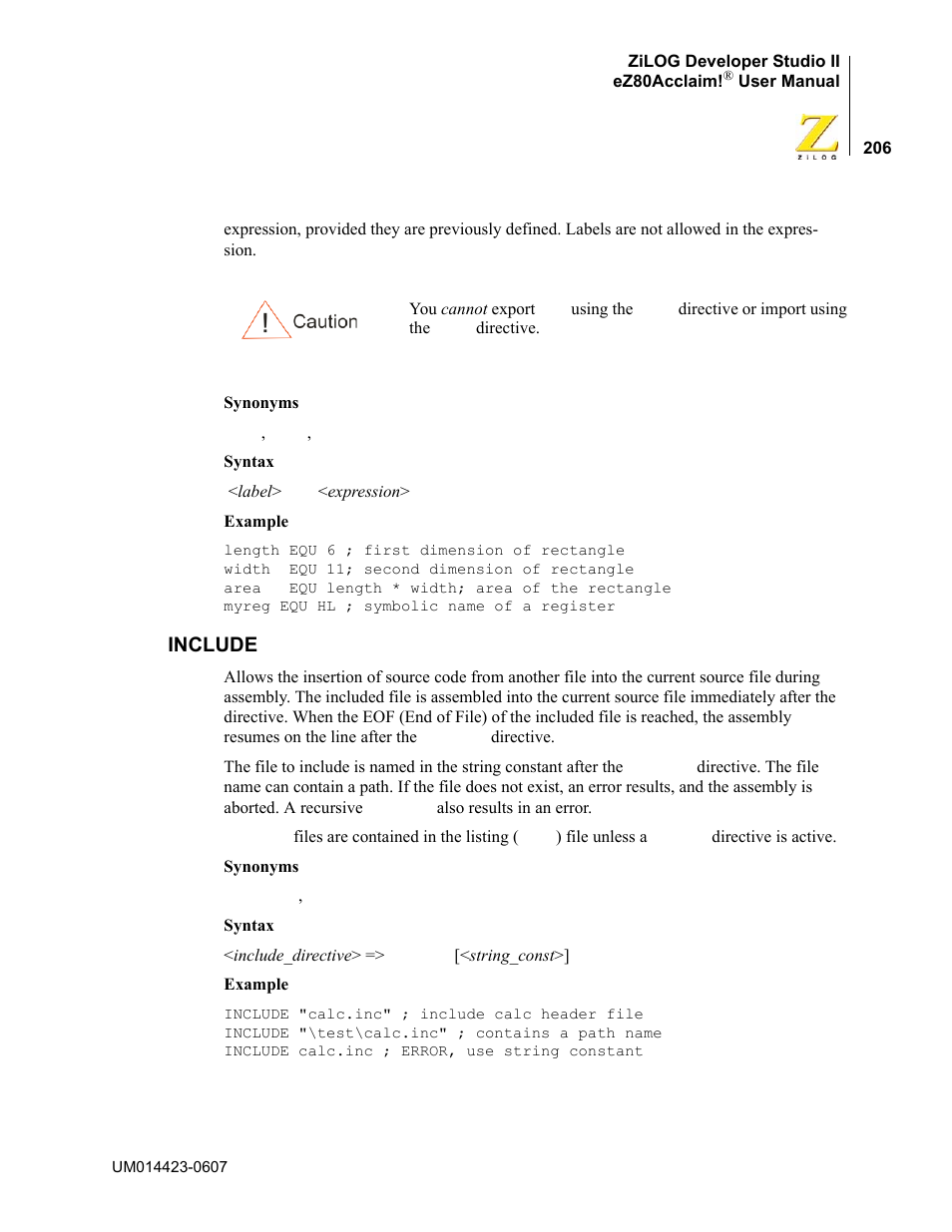 Include | Zilog EZ80F916 User Manual | Page 226 / 469