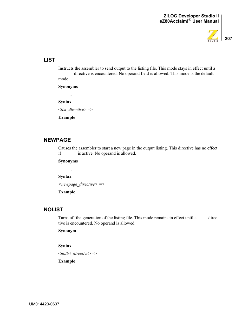 List, Nolist, Newpage | Zilog EZ80F916 User Manual | Page 227 / 469