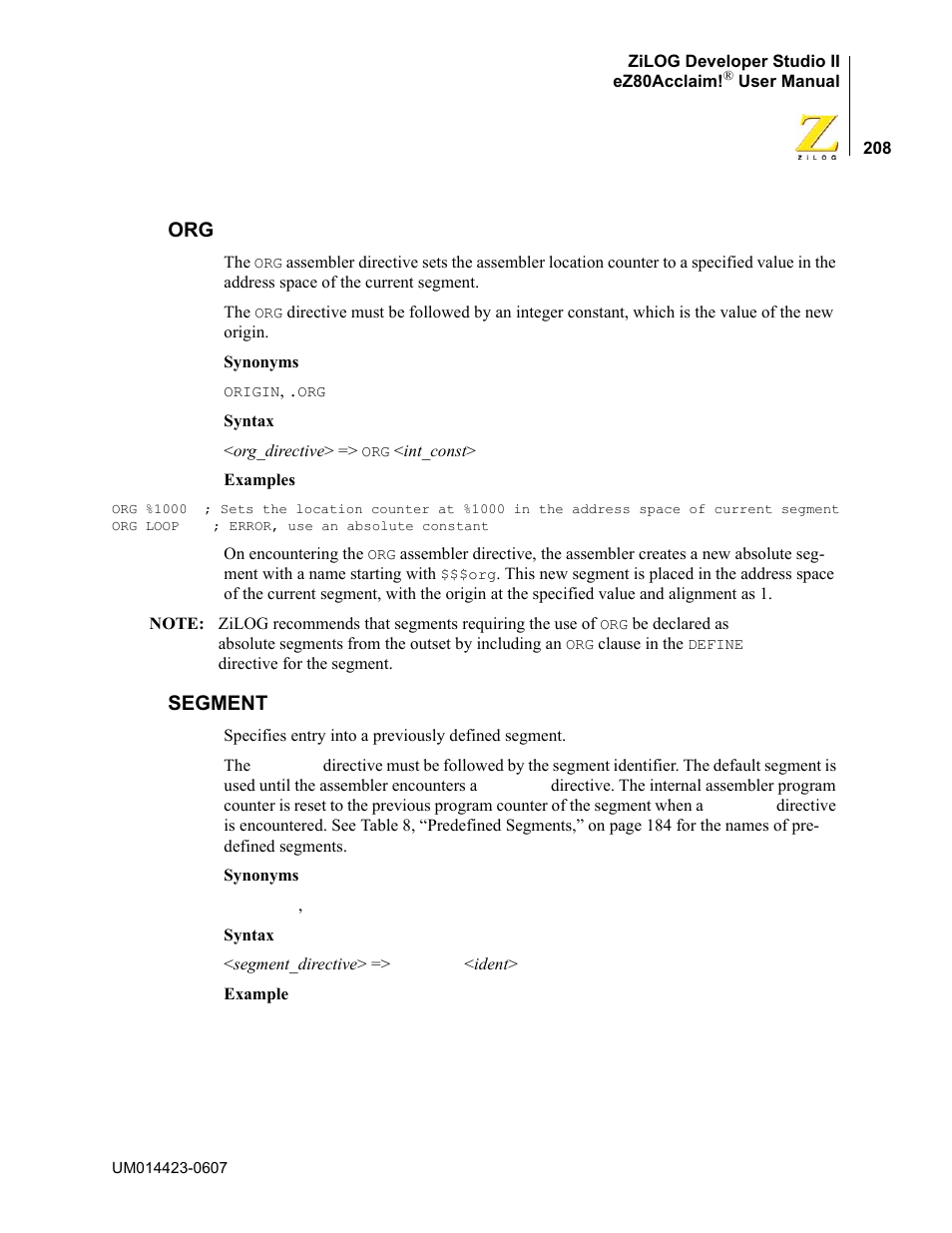 Segment, Org segment | Zilog EZ80F916 User Manual | Page 228 / 469