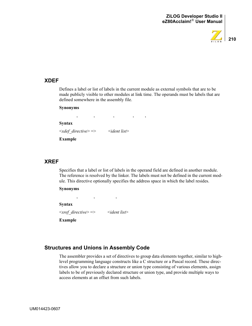 Xdef, Xref, Structures and unions in assembly code | Xdef xref structures and unions in assembly code | Zilog EZ80F916 User Manual | Page 230 / 469