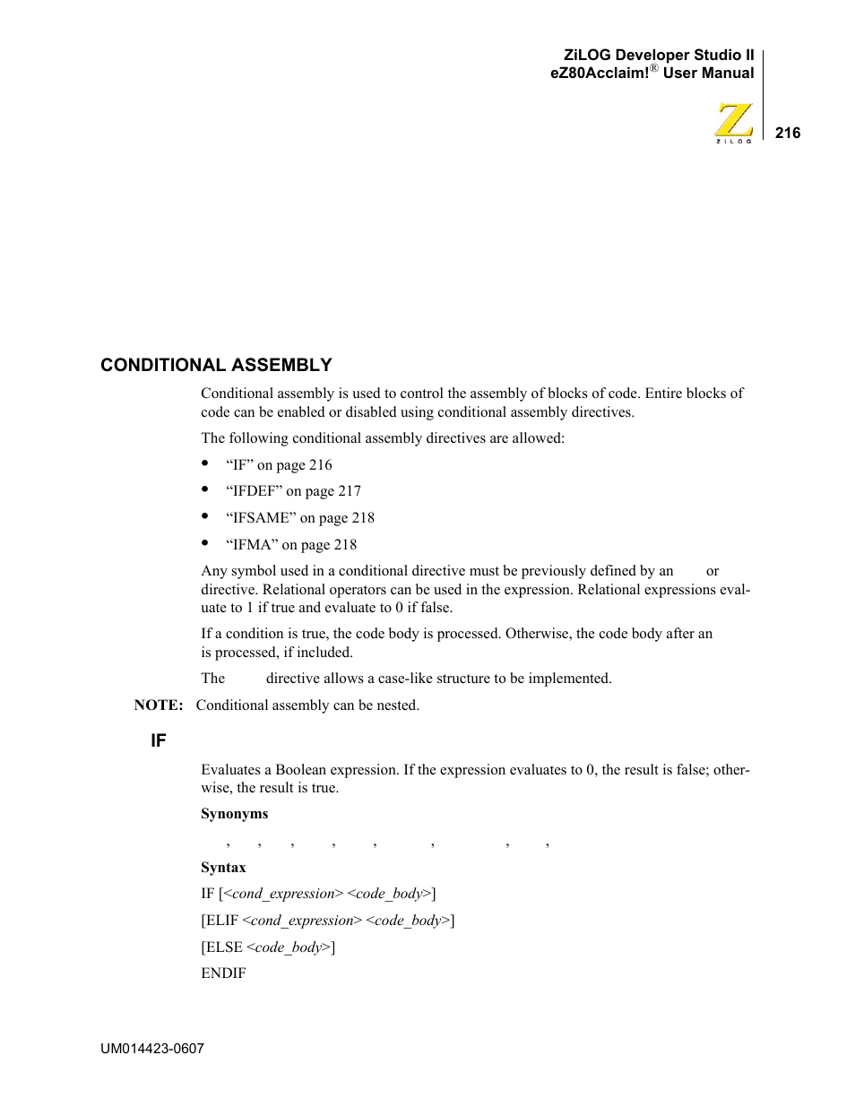 Conditional assembly | Zilog EZ80F916 User Manual | Page 236 / 469