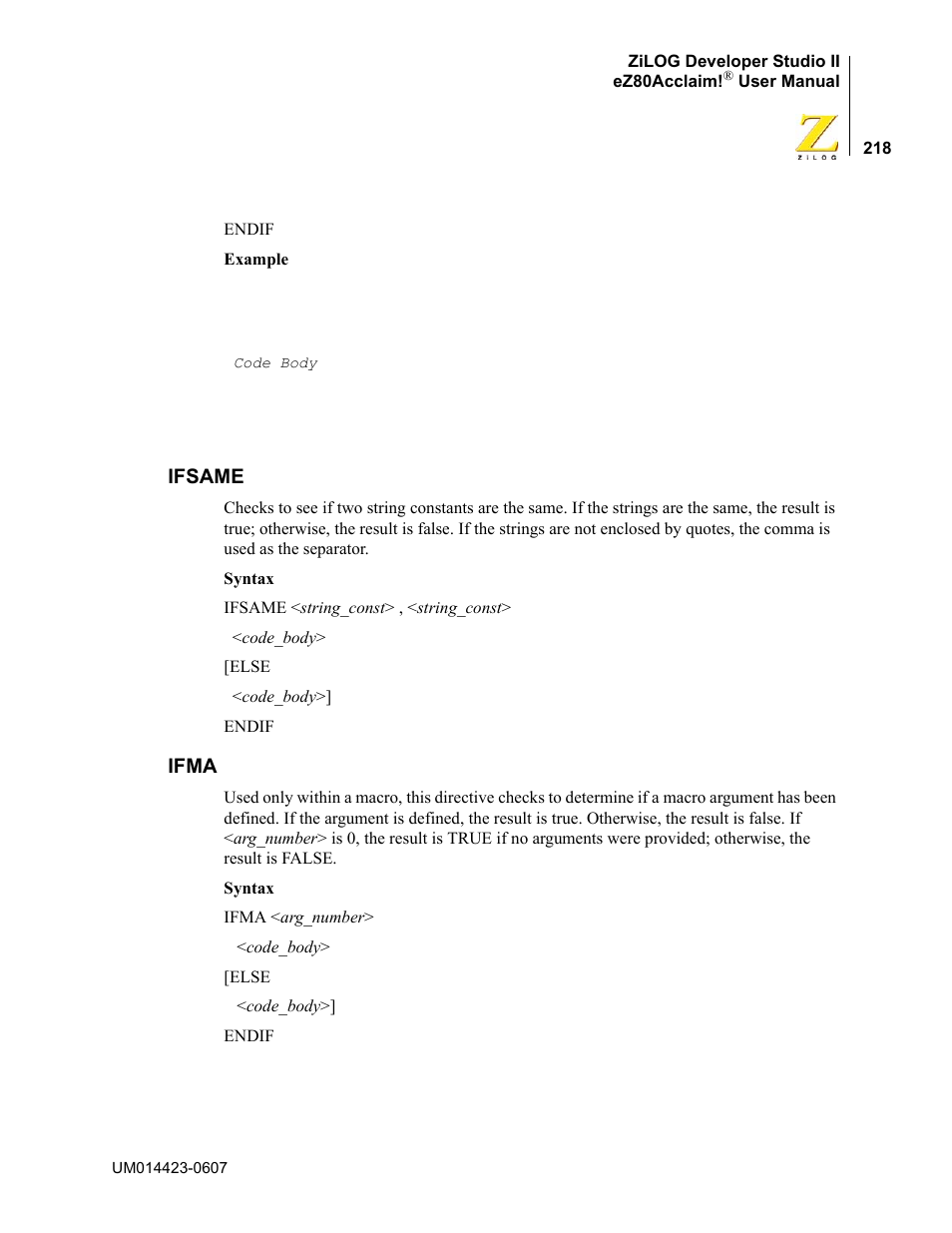 Ifsame, Ifma, Ifsame ifma | Zilog EZ80F916 User Manual | Page 238 / 469