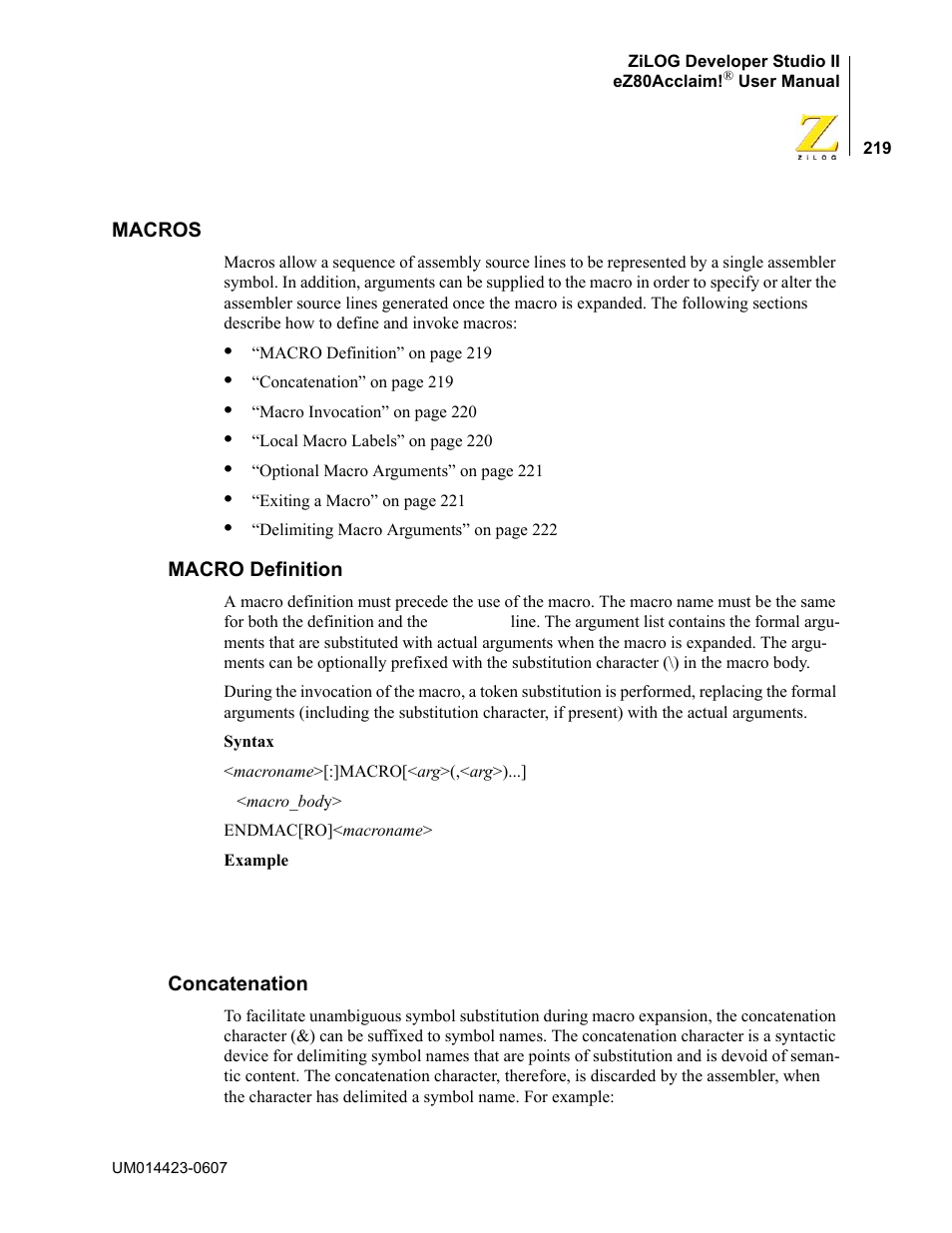 Macros, Macro definition, Concatenation | Macro definition concatenation | Zilog EZ80F916 User Manual | Page 239 / 469