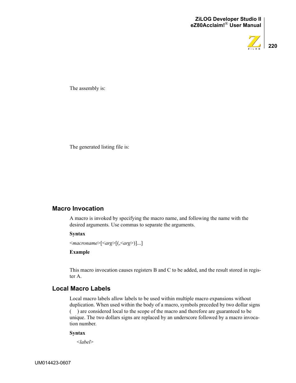 Macro invocation, Local macro labels, Macro invocation local macro labels | Zilog EZ80F916 User Manual | Page 240 / 469