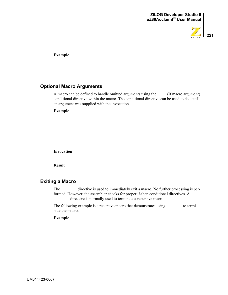 Optional macro arguments, Exiting a macro, Optional macro arguments exiting a macro | Zilog EZ80F916 User Manual | Page 241 / 469