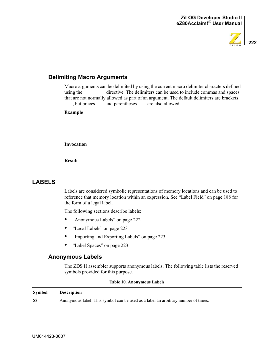 Delimiting macro arguments, Labels, Anonymous labels | Zilog EZ80F916 User Manual | Page 242 / 469
