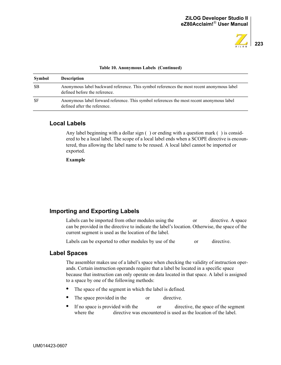 Local labels, Importing and exporting labels, Label spaces | Zilog EZ80F916 User Manual | Page 243 / 469