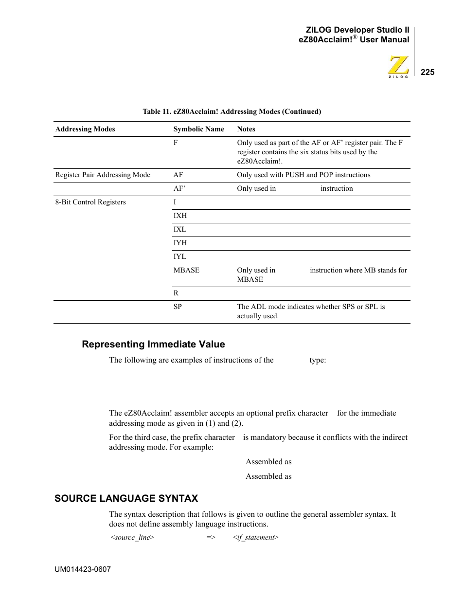 Representing immediate value, Source language syntax | Zilog EZ80F916 User Manual | Page 245 / 469
