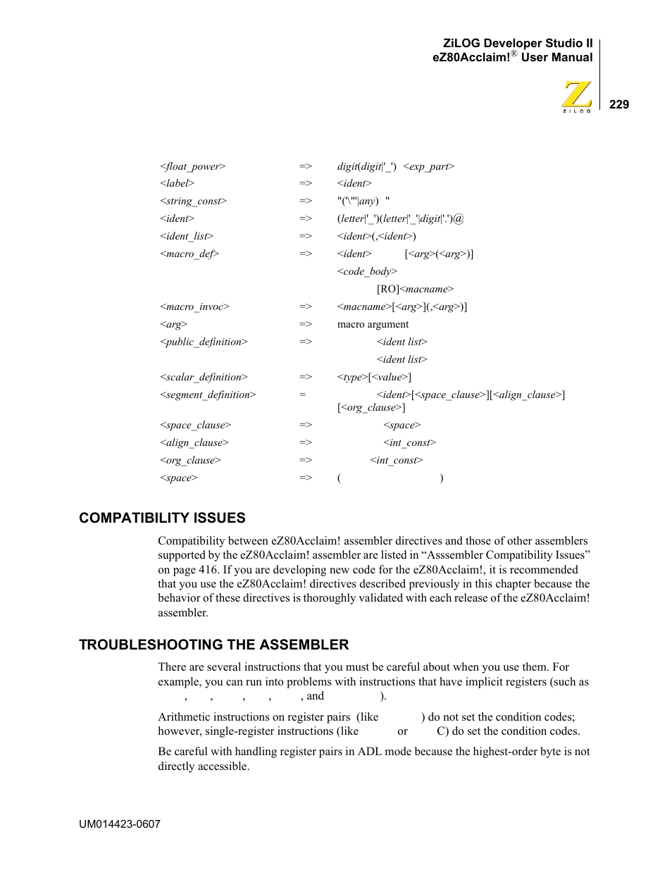 Compatibility issues, Troubleshooting the assembler, Compatibility issues troubleshooting the assembler | Zilog EZ80F916 User Manual | Page 249 / 469
