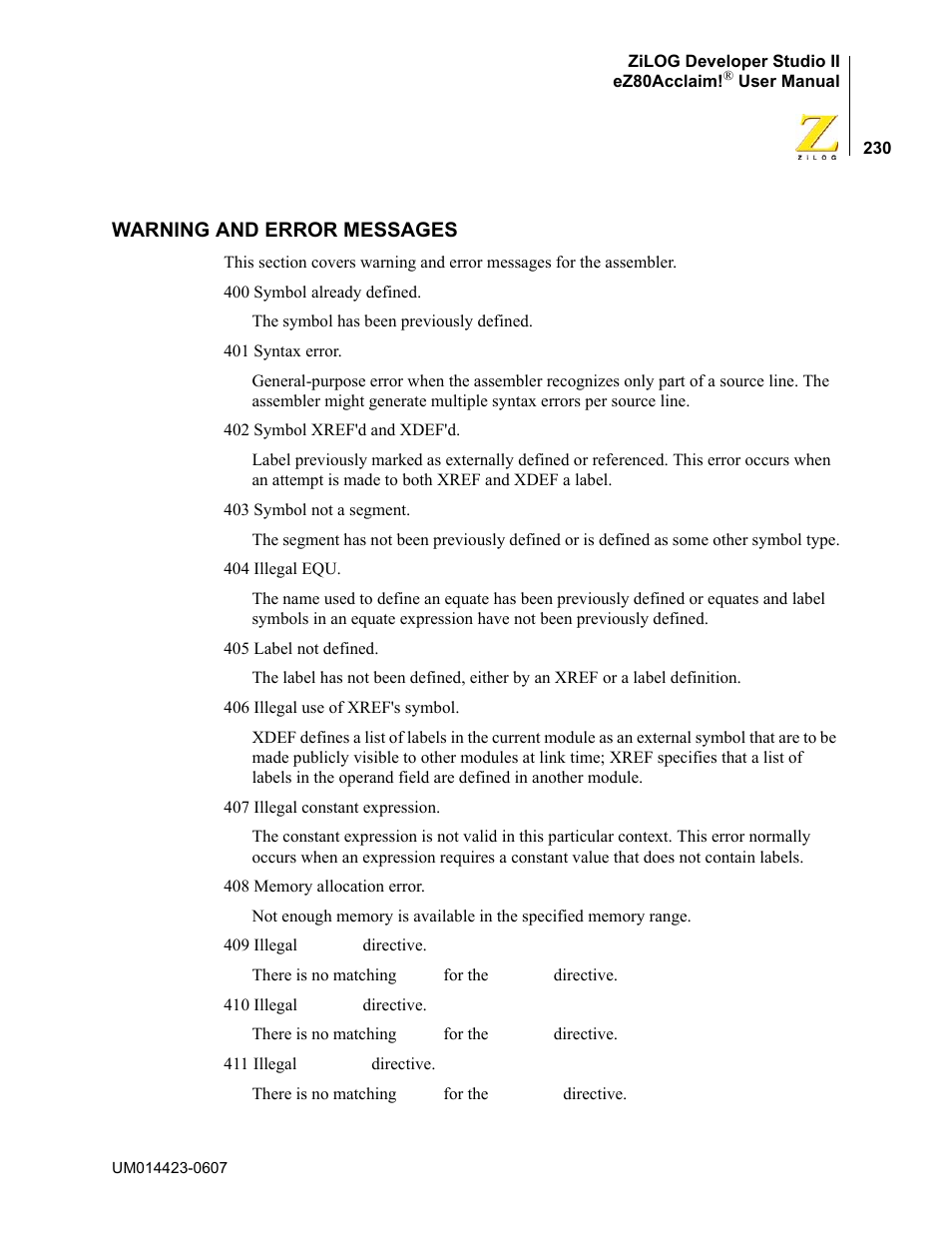 Warning and error messages | Zilog EZ80F916 User Manual | Page 250 / 469